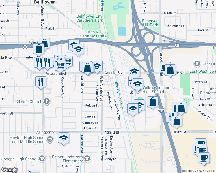 map of restaurants, bars, coffee shops, grocery stores, and more near 17760 Palo Verde Avenue in Cerritos