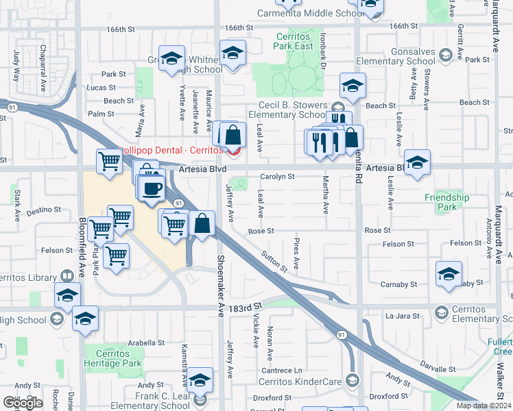 map of restaurants, bars, coffee shops, grocery stores, and more near 17601 Leal Avenue in Cerritos