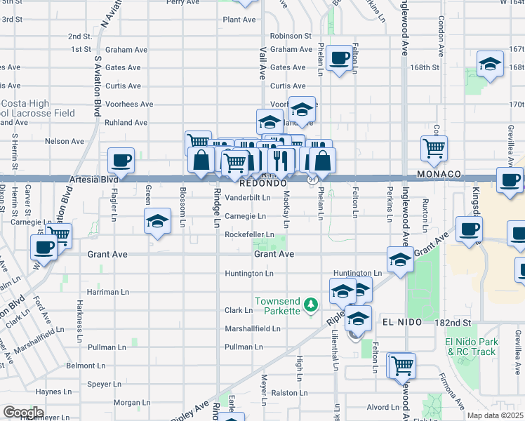 map of restaurants, bars, coffee shops, grocery stores, and more near 2307 Carnegie Lane in Redondo Beach