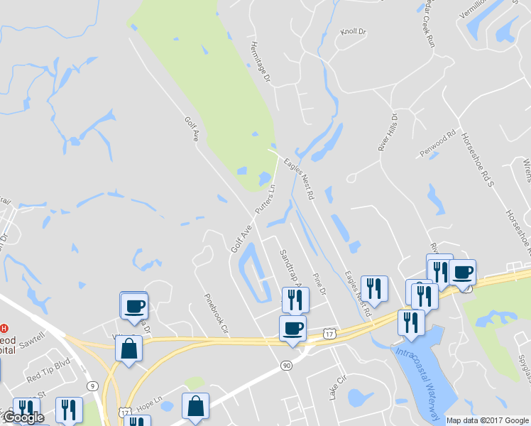 map of restaurants, bars, coffee shops, grocery stores, and more near 210-H Putters Lane in Little River