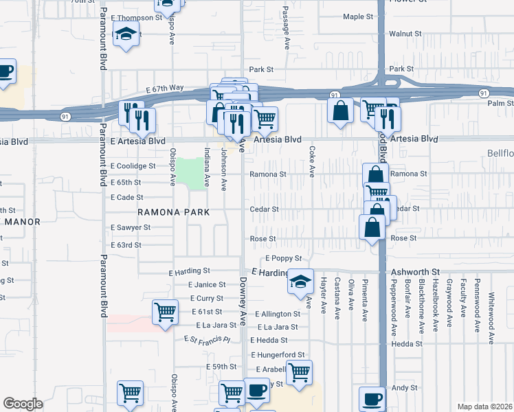 map of restaurants, bars, coffee shops, grocery stores, and more near 8525 Cedar Street in Bellflower