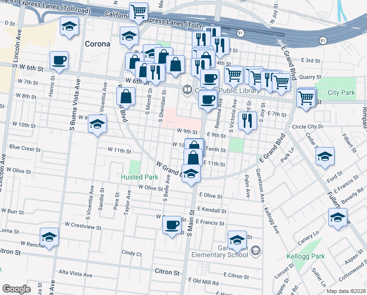 map of restaurants, bars, coffee shops, grocery stores, and more near 1004 South Washburn Avenue in Corona