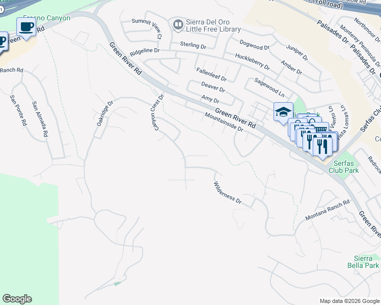 map of restaurants, bars, coffee shops, grocery stores, and more near 3265 Crystal Ridge Circle in Corona