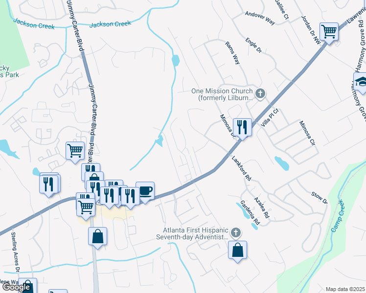 map of restaurants, bars, coffee shops, grocery stores, and more near 6115 Colston Lane in Tucker