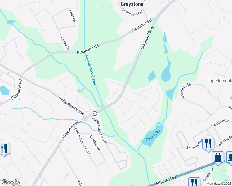 map of restaurants, bars, coffee shops, grocery stores, and more near Haynes Trace Court Southwest in Grayson