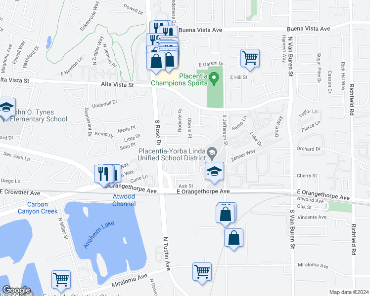 map of restaurants, bars, coffee shops, grocery stores, and more near 1252 Campanis Lane in Placentia