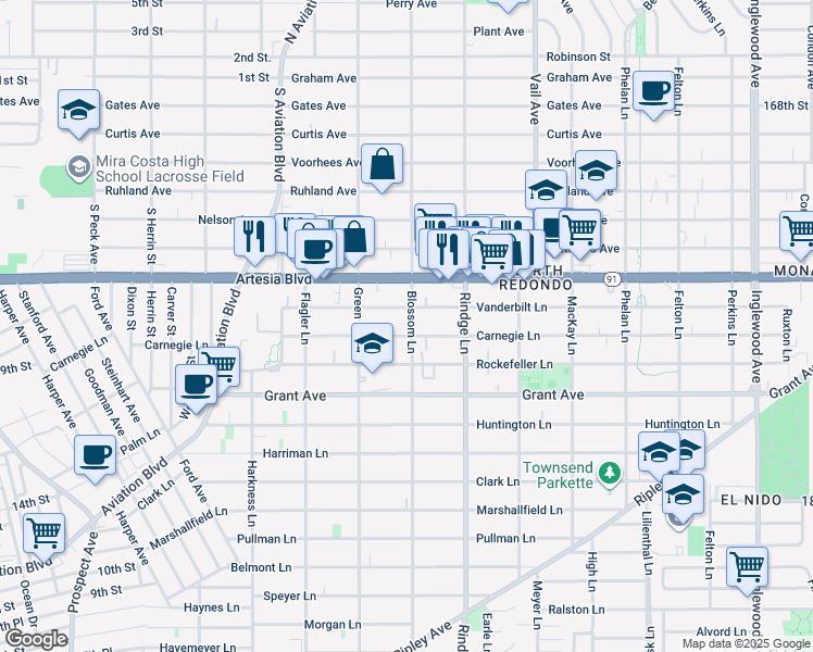 map of restaurants, bars, coffee shops, grocery stores, and more near 2021 Carnegie Lane in Redondo Beach