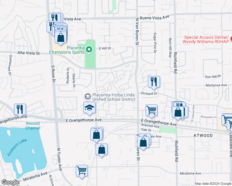map of restaurants, bars, coffee shops, grocery stores, and more near 1475 Zehner Way in Placentia