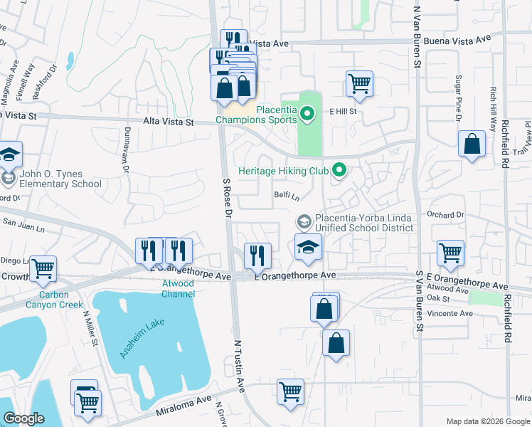 map of restaurants, bars, coffee shops, grocery stores, and more near 1252 Campanis Lane in Placentia