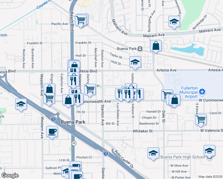 map of restaurants, bars, coffee shops, grocery stores, and more near 6152 Stanton Avenue in Buena Park