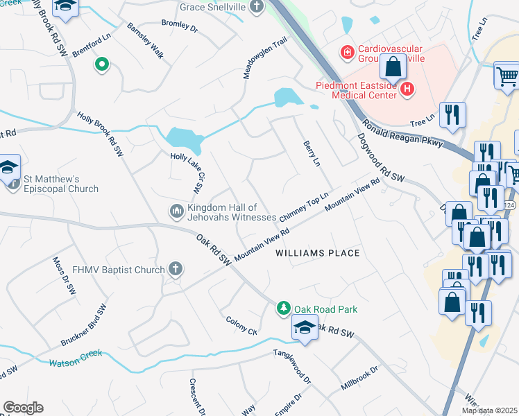 map of restaurants, bars, coffee shops, grocery stores, and more near 2574 Bridgewood Lane in Snellville