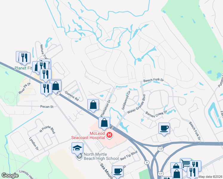 map of restaurants, bars, coffee shops, grocery stores, and more near 951 Plantation Drive in Little River