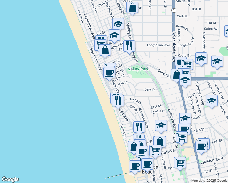 map of restaurants, bars, coffee shops, grocery stores, and more near 2457 Manhattan Avenue in Hermosa Beach