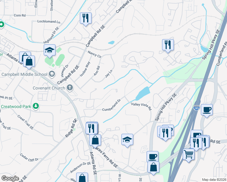 map of restaurants, bars, coffee shops, grocery stores, and more near 2196 Jane Lyle Road Southeast in Smyrna