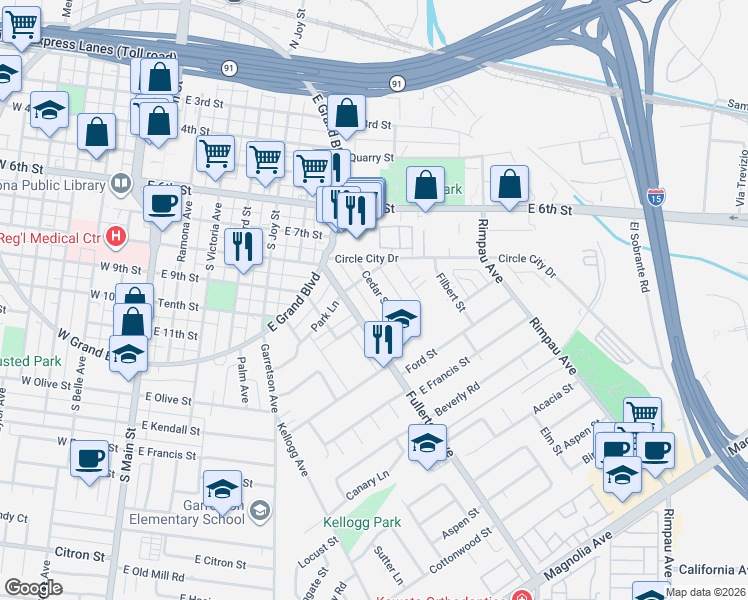 map of restaurants, bars, coffee shops, grocery stores, and more near 910 Cedar Street in Corona