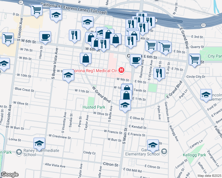 map of restaurants, bars, coffee shops, grocery stores, and more near 308 West 10th Street in Corona