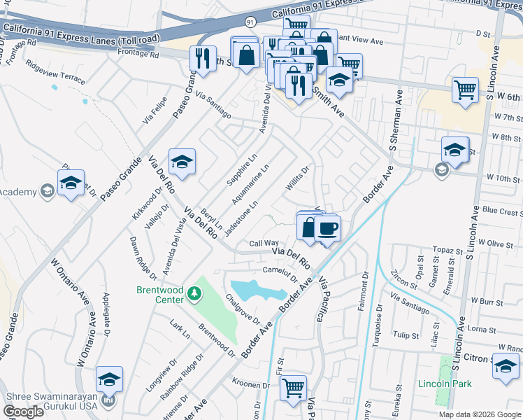 map of restaurants, bars, coffee shops, grocery stores, and more near 1194 Willits Drive in Corona