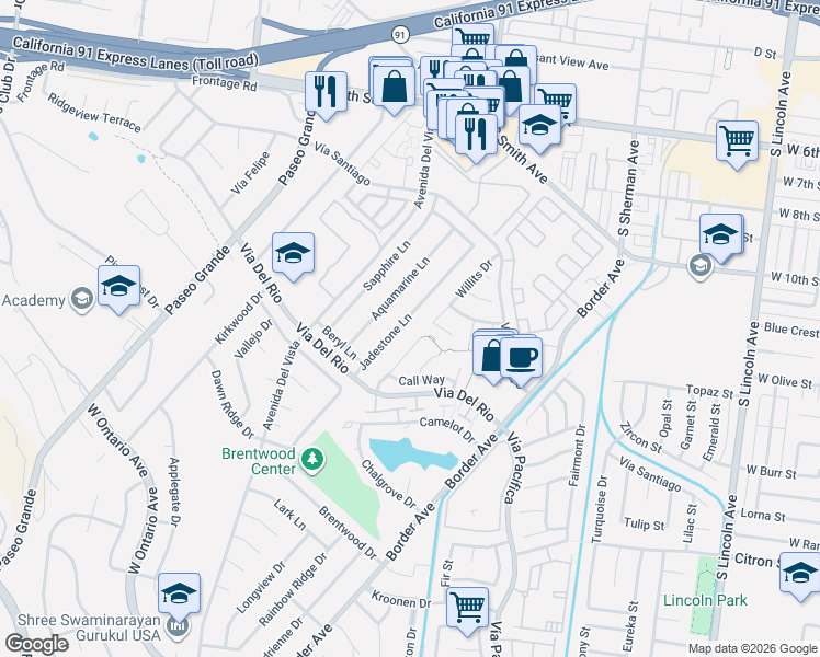 map of restaurants, bars, coffee shops, grocery stores, and more near 1194 Willits Drive in Corona