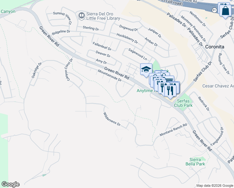 map of restaurants, bars, coffee shops, grocery stores, and more near 1227 Goldenview Drive in Corona