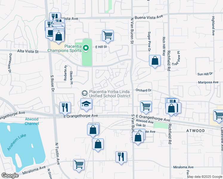 map of restaurants, bars, coffee shops, grocery stores, and more near 181 Rivera Place in Placentia