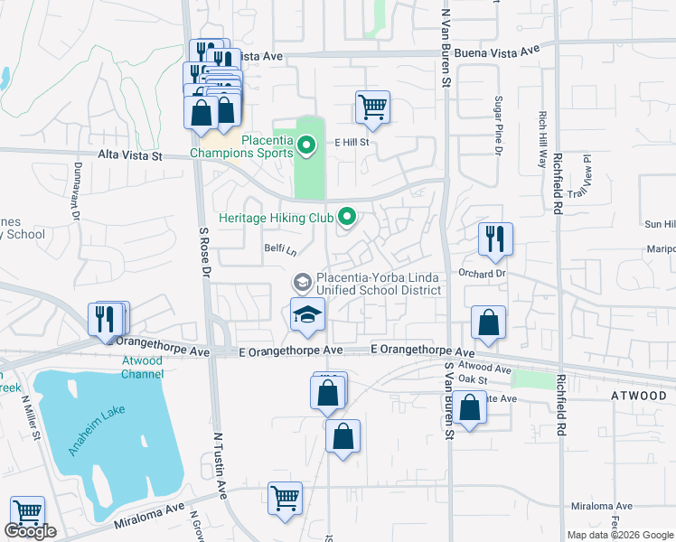 map of restaurants, bars, coffee shops, grocery stores, and more near 201 North Patcha Place in Placentia