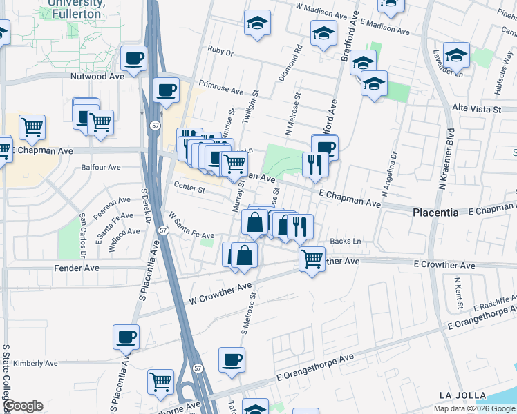 map of restaurants, bars, coffee shops, grocery stores, and more near 405 Center Street in Placentia