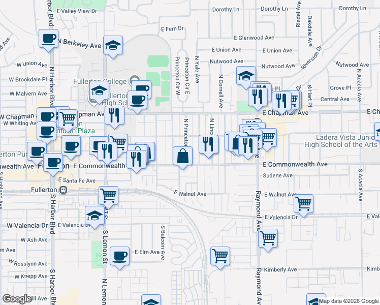 map of restaurants, bars, coffee shops, grocery stores, and more near 127 North Yale Avenue in Fullerton