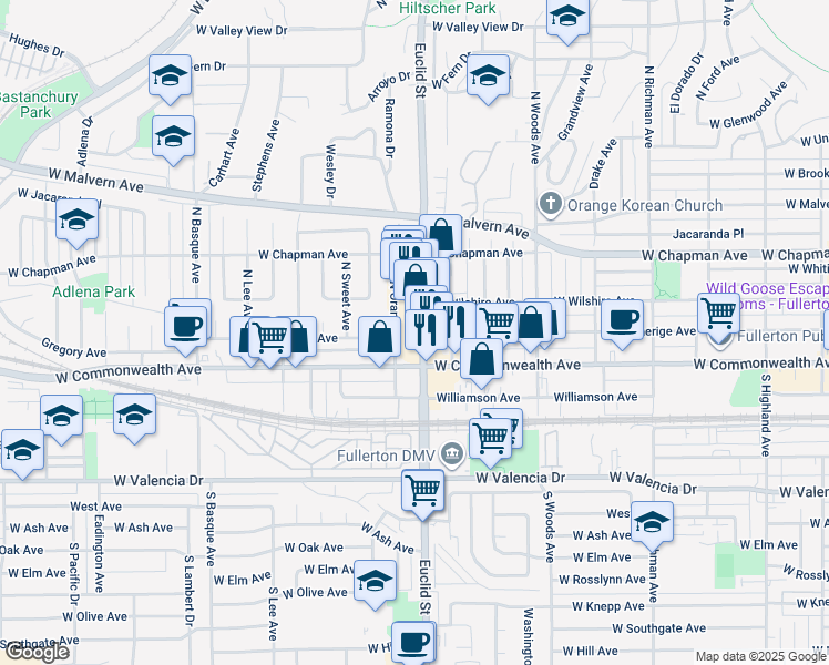 map of restaurants, bars, coffee shops, grocery stores, and more near 206 North Euclid Street in Fullerton