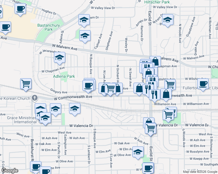 map of restaurants, bars, coffee shops, grocery stores, and more near 205 Michael Avenue in Fullerton