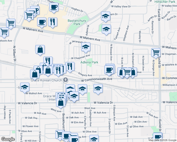 map of restaurants, bars, coffee shops, grocery stores, and more near 221 Adlena Drive in Fullerton