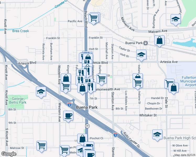 map of restaurants, bars, coffee shops, grocery stores, and more near 6131 Darlington Avenue in Buena Park