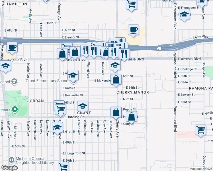 map of restaurants, bars, coffee shops, grocery stores, and more near 1838 East McKenzie Street in Long Beach