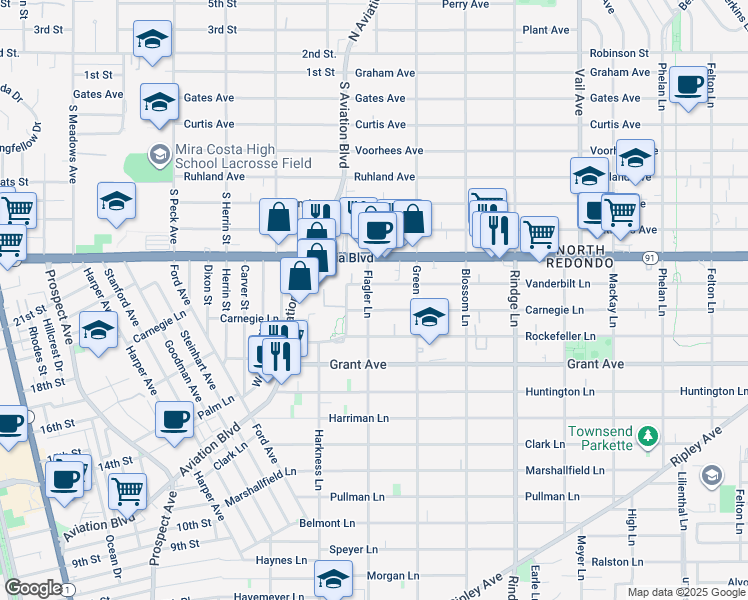 map of restaurants, bars, coffee shops, grocery stores, and more near 1906 Vanderbilt Lane in Redondo Beach