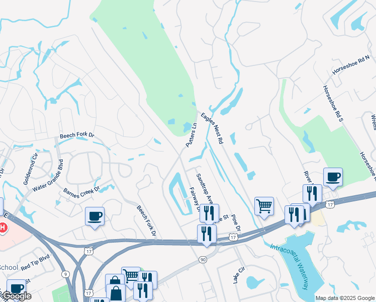 map of restaurants, bars, coffee shops, grocery stores, and more near 210-H Putters Lane in Little River