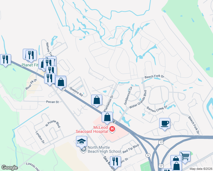 map of restaurants, bars, coffee shops, grocery stores, and more near 951 Plantation Drive in Little River