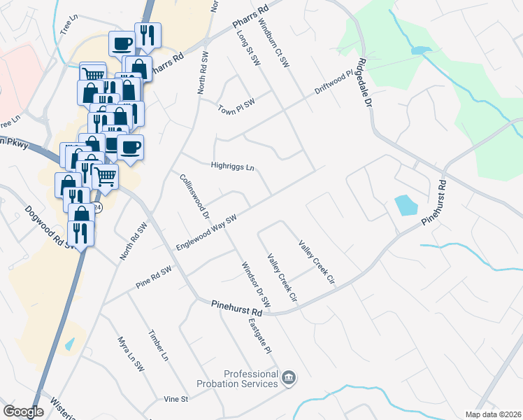 map of restaurants, bars, coffee shops, grocery stores, and more near 1938 Englewood Way Southwest in Snellville
