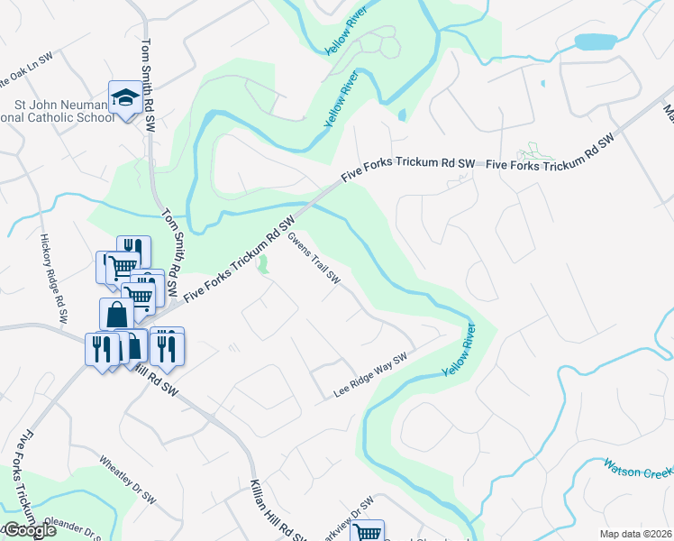 map of restaurants, bars, coffee shops, grocery stores, and more near 1058 Gwens Trail Southwest in Lilburn