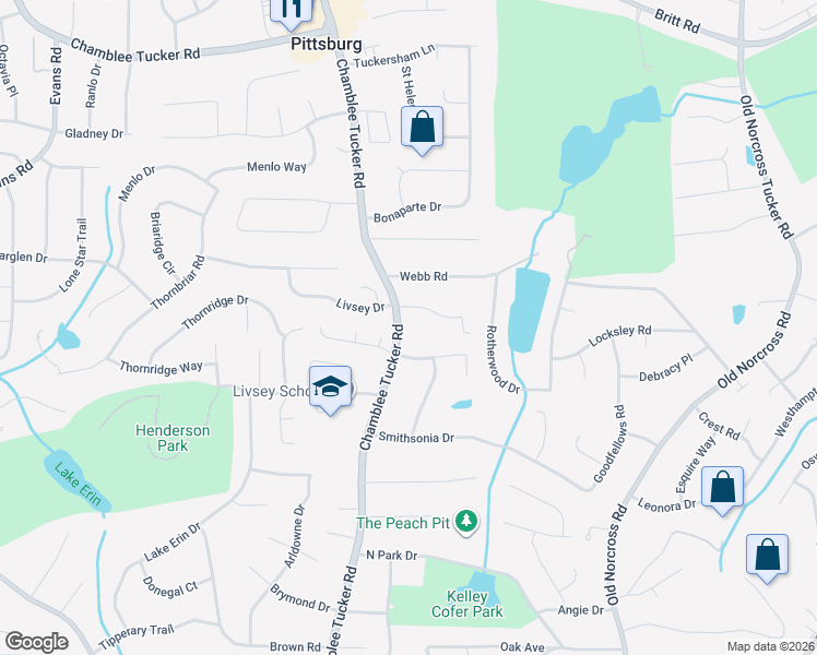 map of restaurants, bars, coffee shops, grocery stores, and more near 4630 Chamblee Tucker Road in Tucker