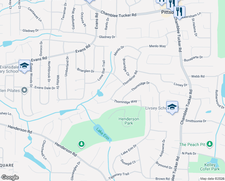map of restaurants, bars, coffee shops, grocery stores, and more near 3909 Briarglen Court in Atlanta