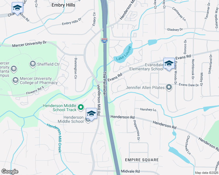 map of restaurants, bars, coffee shops, grocery stores, and more near 3580 Greystone Circle in Atlanta