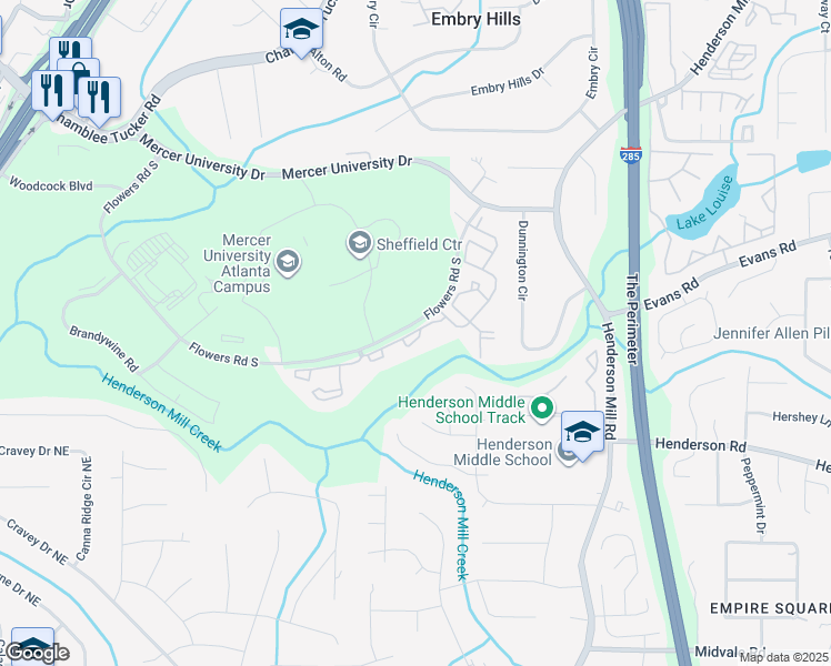 map of restaurants, bars, coffee shops, grocery stores, and more near 3217 Flowers Road South in Atlanta