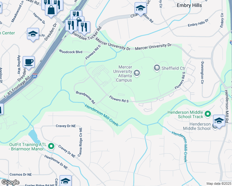 map of restaurants, bars, coffee shops, grocery stores, and more near Pirkle Circle in Atlanta
