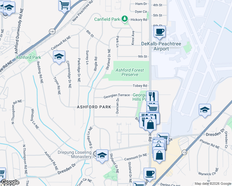 map of restaurants, bars, coffee shops, grocery stores, and more near 1822 Georgian Terrace in Chamblee