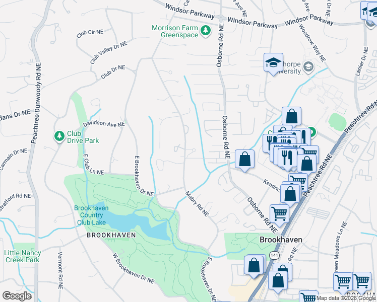 map of restaurants, bars, coffee shops, grocery stores, and more near 1076 Brookhaven Square Northeast in Atlanta