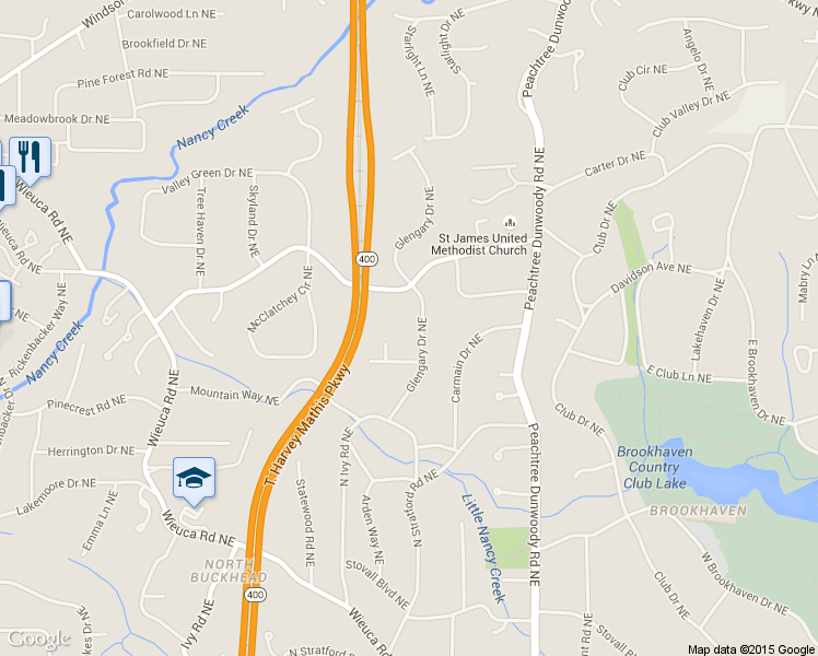 map of restaurants, bars, coffee shops, grocery stores, and more near 4268 Glengary Drive Northeast in Atlanta