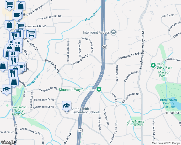 map of restaurants, bars, coffee shops, grocery stores, and more near 4044 McClatchey Circle Northeast in Atlanta
