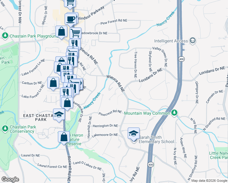 map of restaurants, bars, coffee shops, grocery stores, and more near 4285 Olde Mill Lane in Atlanta