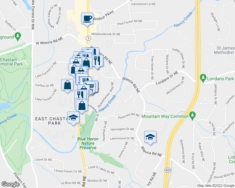 map of restaurants, bars, coffee shops, grocery stores, and more near 4293 Rickenbacker Way Northeast in Atlanta