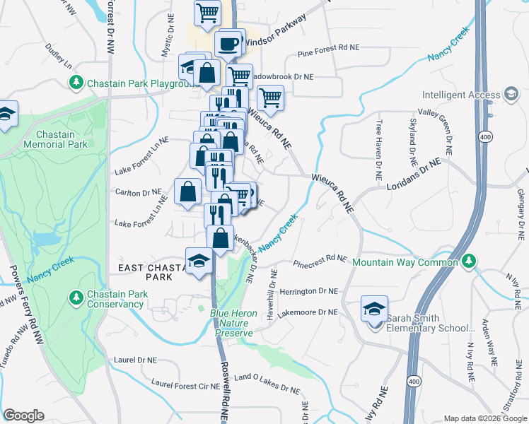 map of restaurants, bars, coffee shops, grocery stores, and more near 287 Midvale Drive Northeast in Atlanta