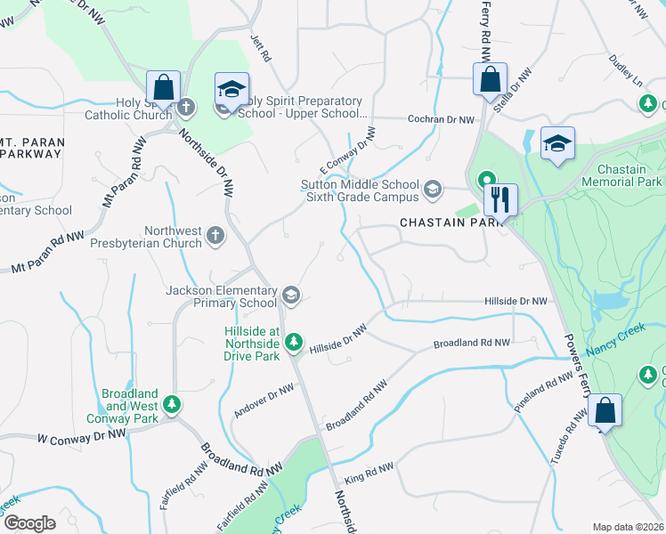 map of restaurants, bars, coffee shops, grocery stores, and more near 541 Hollydale Court Northwest in Atlanta
